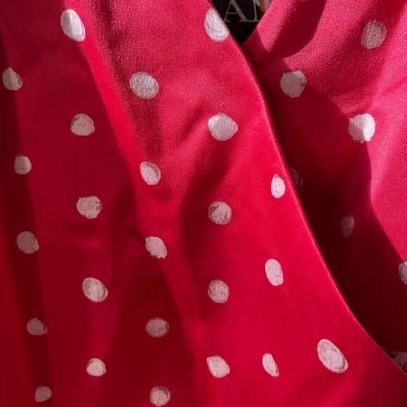 Haney Olivia Red Stretch Satin Polka Dot Handkerchief Hem Midi Dress 4 $890 - Picture 11 of 13